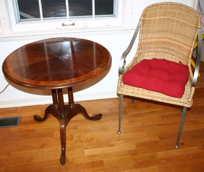 Baker Round End Table & Wicker Chair