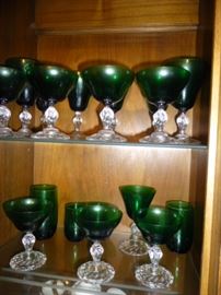VINTAGE EMERALD CRYSTAL GOBLETS WITH CLEAR STEMS
