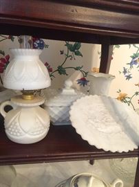 White satin glass oil lamp and other pieces
