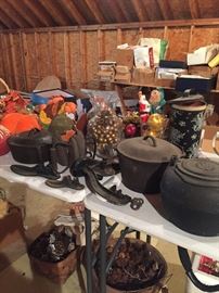 Vintage cast iron pieces (pots, kettle, irons, shoes)