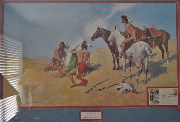 Custom framed print of Frederic Remington's "The Smoke Signal' with first day stamp 