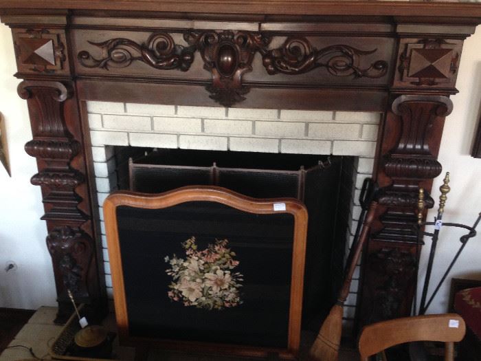 Antique carved walnut fireplace surround from Jessop Family Home in San Diego.