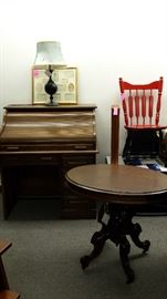 Antiques, Lamps, Chairs, Roll-top Desk, More Desks