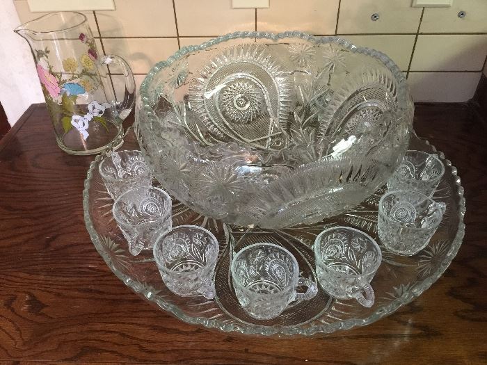 American pressed glass punch bowl, cups, platter, and ladle – slewed Horseshoe  pattern