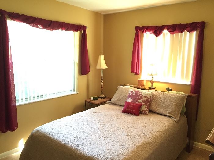 FULL-SIZE BEDROOM SET, WINDOW TREATMENTS, LAMPS, END TABLES, ETC,