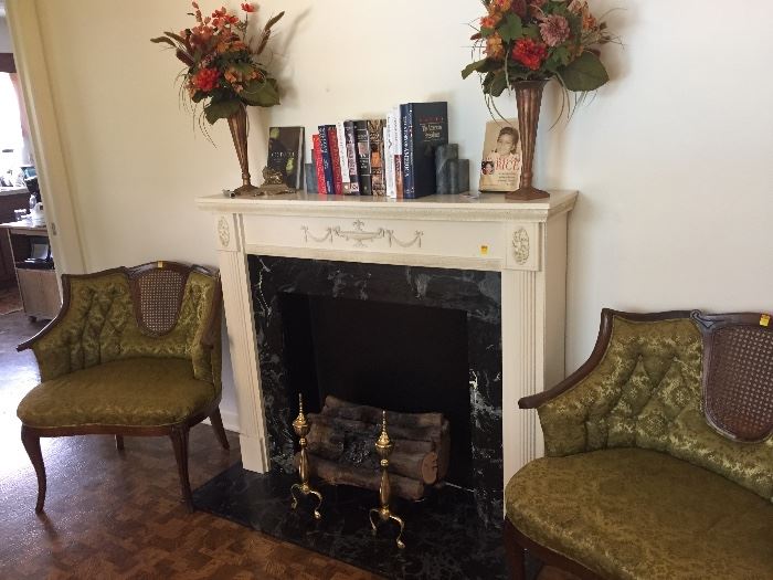 LOVELY VINTAGE FIREPLACE , 2 MATCHING CHAIRS, FLORAL ARRANGEMENTS, BOOKS, ETC.,