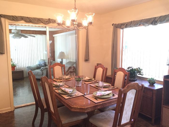 BEAUTIFUL DINING ROOM SET & BUFFET (SOLD SEPARATELY).  NICE DISHES & WINDOW TREATMENTS, ETC.,