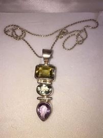 Lg Sterling pendant with semiprecious stones on sterling chain