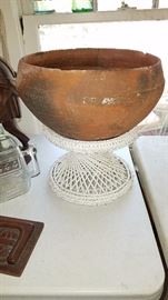 Indian Pottery Planter on Wicker Stand