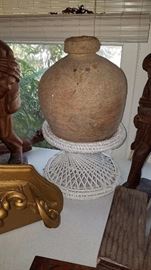 Indian Pottery Vase on Wicker Stand