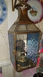 Etched Glass and Blue Glass Hanging Lantern
