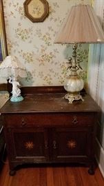 English Oak Inlaid Washstand (Matching Dresser with Mirror)