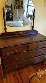 English Oak 4 Drawer Inlaid Dresser with mirror (Matching Washstand)