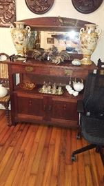 Arts & Crafts German Inlaid Server with Mirror Top