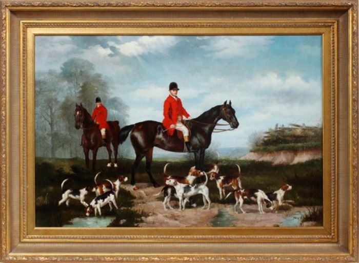Lot#2, TROY BERKE (AMER. 20TH C), SIGNED OIL ON CANVAS, H 24", W 36", ENGLISH FOX HUNT SCENE.Depicts a fox hunt scene with two mounted fox hunters dressed in red tunics and their beagle hunting dogs. Signed lower right "Troy Burke". Gilt wood frame.