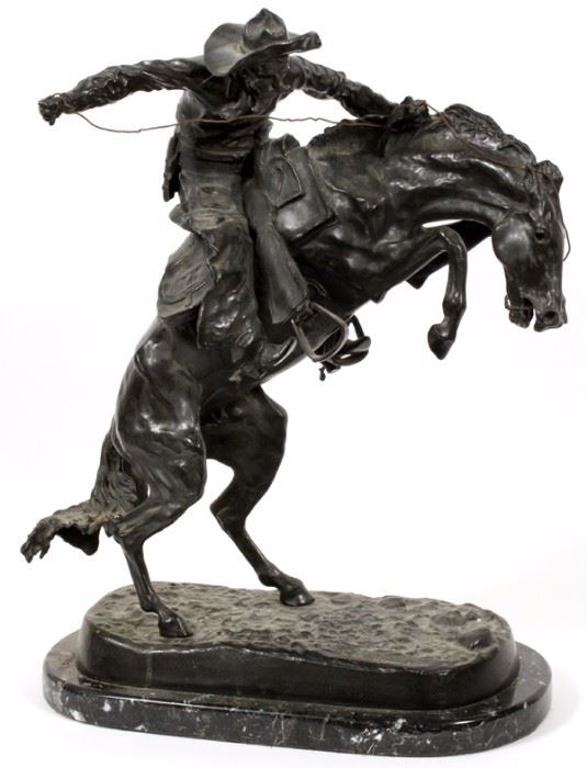Lot#15, AFTER FREDERIC REMINGTON, SIGNED, BRONZE SCULPTURE, H 22", W 19", "BRONCO BUSTER"Depicts a cowboy riding a bucking horse, mounted on a black marble base.