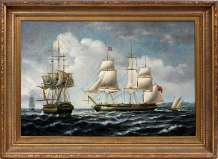 Lot#3, ERIC NIELSEN, SIGNED OIL ON CANVAS, H 24", W 36", SAILING VESSELS ON OPEN SEAS.Oil on canvas, depicting sailing ships on open seas. Eric Nielsen signed lower right. Gilt wood frame.