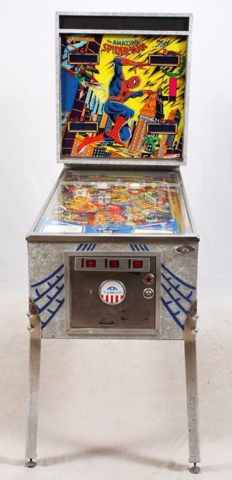 Lot#24, D. GOTTLIEB & CO, SPIDERMAN PINBALL MACHINE, H 73", W 28", D 58"D. Gottlieb & Co. "Marvel's The Amazing Spiderman" pinball machine. Allows up to four players. "25 cents per play,  $1.00 for 6 plays".
