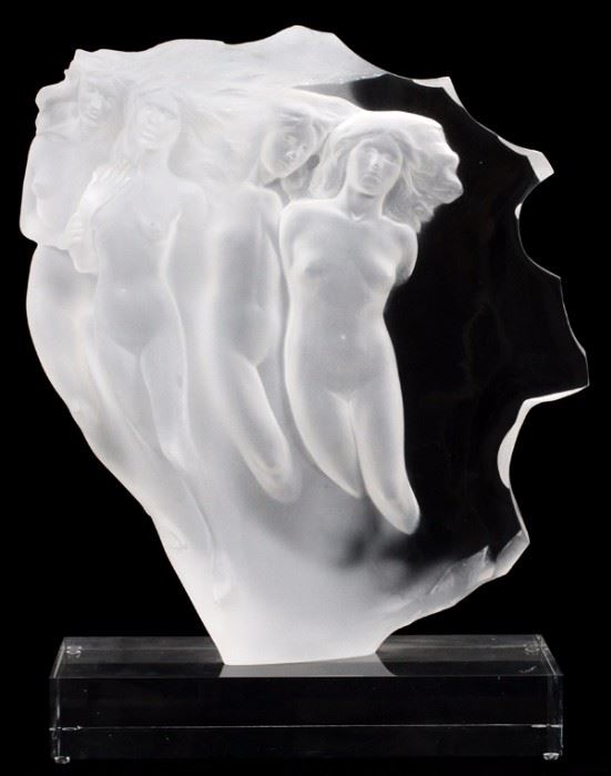 Lot#36, FREDERICK HART, ACRYLIC SCULPTURE, #231/300, 1986, H 17" "LIGHT WHISPERS"Acrylic sculpture by Frederick Hart (Amer. 1943-1999). Entitled: "Light Whispers", 17" H. mounted on clear acrylic rectangular base. Depicting nude female figures. Signed: "FH" and dated 1986.