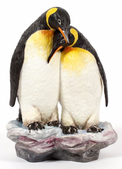 Lot#43, CONNOISSEUR OF MALVERN ENGLAND, LIMITED EDITION, PORCELAIN FIGURINE, #6/250, H 8 1/4", "AFFECTION"Connoisseur limited edition porcelain figurine of two penguins entitled: "Affection". Inscribed on underside: 'Connoisseur USA  Affection Produced by Bronte Fine Bone China Made In England 6/250"