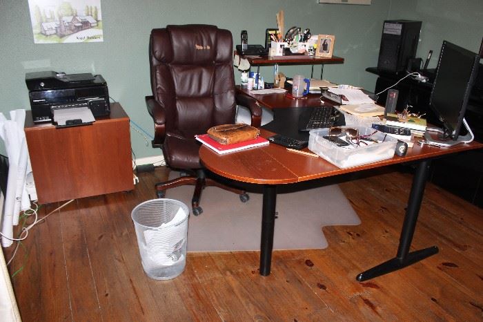 home office desk, chair, printers, supplies