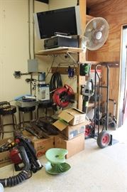Many TV consoles, receivers, compressor hose, dollies, many tools, bar stools, gas leaf blower... 