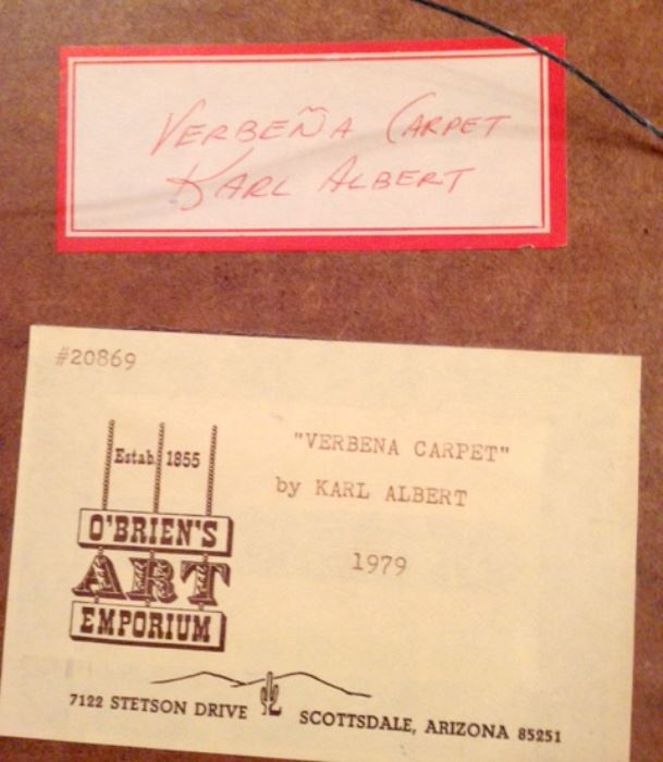 Tags on frame back - Karl Albert - Oil Painting on Masonite - 'Verbena Carpet'  1979 - Original frame - 24"x12" : 1,650.00 