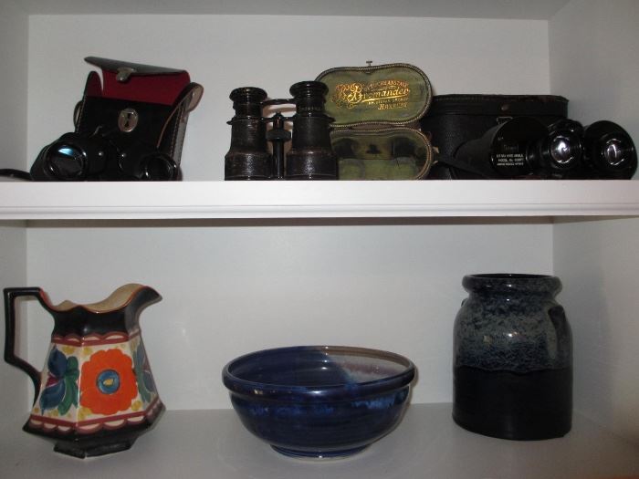 vintage German field glasses, Persianware, blue pottery
