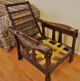Antique Morris chair with through tenon construction. The rod has broken but rest of chair is in good shape. No cushions