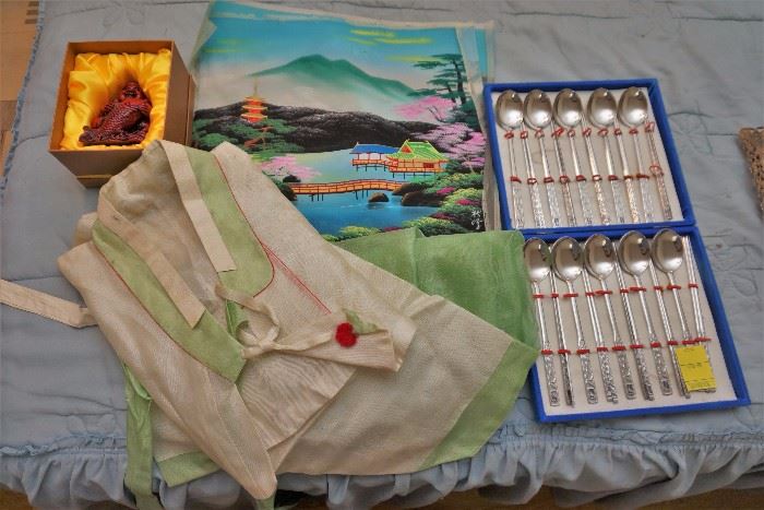 Korean dress, silk paintings, Buddha, metal chop sticks and spoons set
