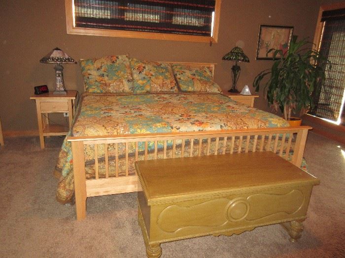 KING BED / END TABLES / CEDAR CHEST/ STAINED GLASS LAMPS / TREE