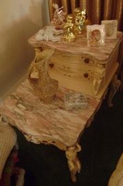 pink & white marble top cherub end tales---hand painted flowers on drawers