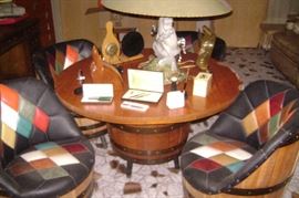 barrel table with 4 barrel chairs--patch-work leather seats