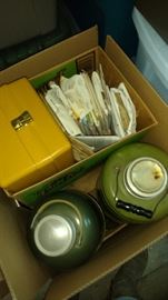 More vintage coolers, a sewing box with lots of sewing patterns.