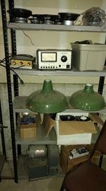 Enamel hanging lights. Speakers parts and testing equipment