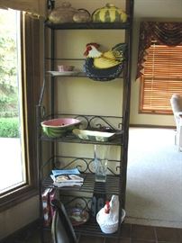 bakers rack and chicken and rooster decor