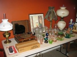 nice lamps and glass ware, some depression glass
