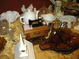 mini sewing machine and milk glass