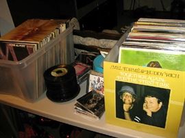 assortment of music, albums, 45's, CD, DVD's