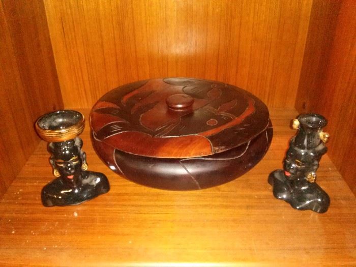 Mid Century Nubian Candel Holders and Wood Deco Sculpture Bowl