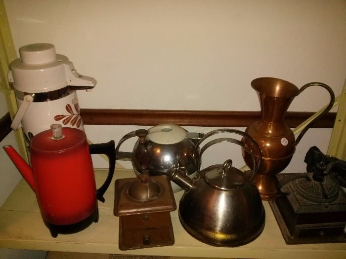 Vintage Coffee/ Tea Dispenser , Perculator, Antique Coffe Grinders, Copper Water Pouring Vase