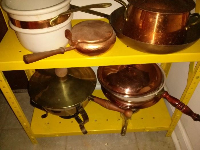 Vintage Porcelain and Copper Pots and Pans
