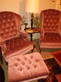 Vintage Champagne Velvet Queen Anne Chairs and Footstool $400 (50% off)