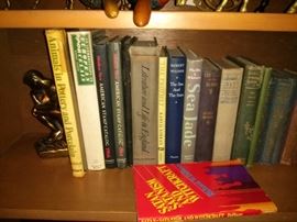 Vintage Books and pair of Thinking Man Brass Bookends