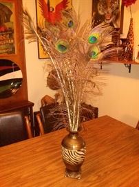 Decorative Zebra Print Vase with Real Peacock Feathers