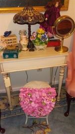 Piano Table Vintage Jewelry Boxes, Dools, Lighted Mirror, and Lamp