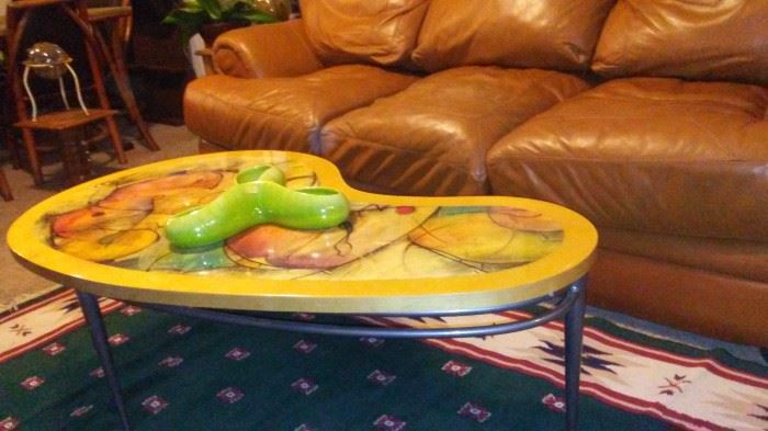 Kidney Coffee Table with Royal Haegar Candy Dish and Leather Sofa