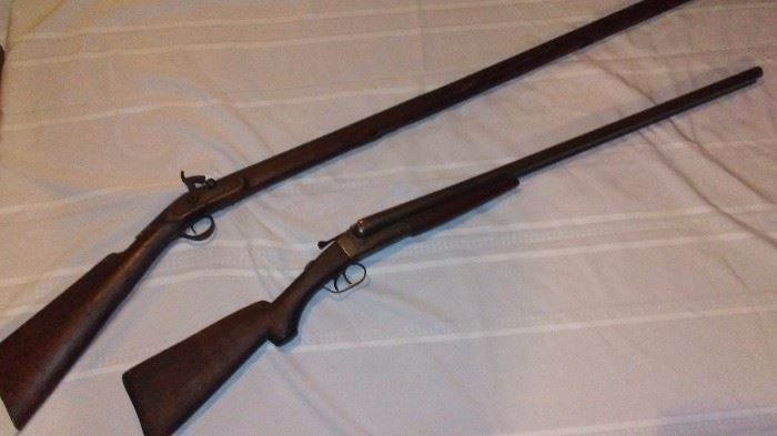 Civil War Era Long Arm Rifle and Stevens 12 guage Double Barrel Shotgun