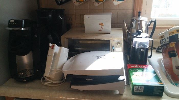 Keurig, toaster oven, mixer, coffee maker