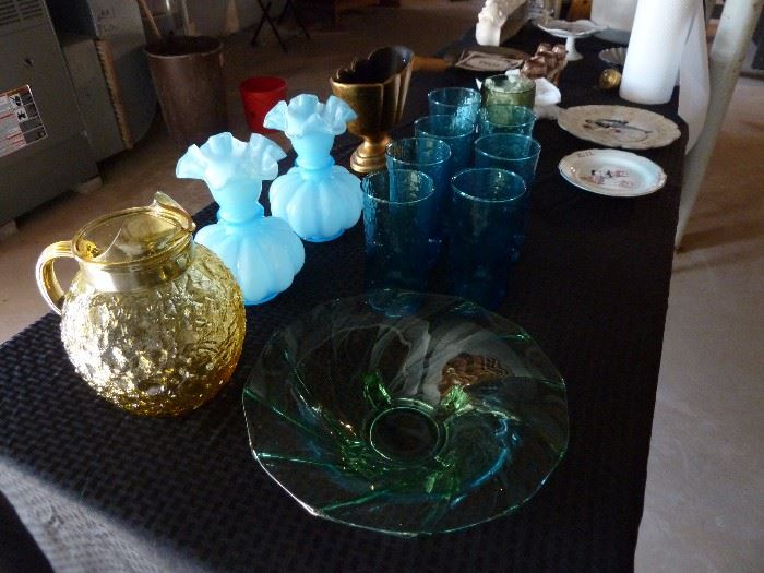 Vintage Gold pitcher, Blue glasses